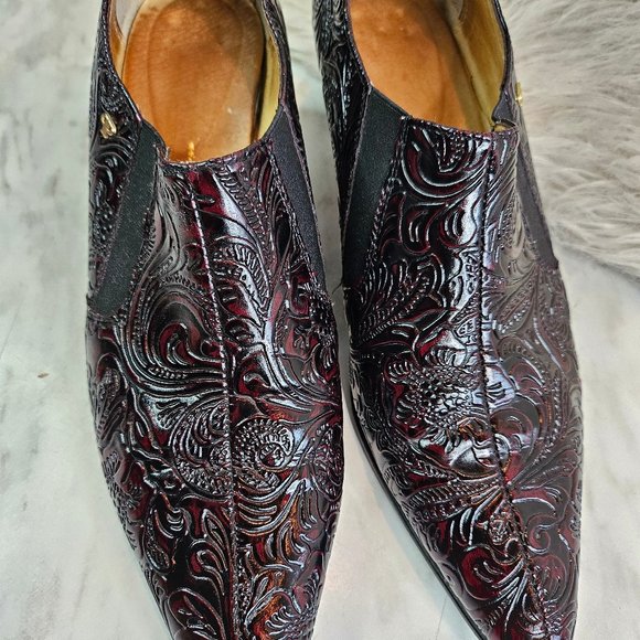 VTG Pertti Palmroth Women's Burgundy Leather Embossed Point Toe Ankle Boots 6 - Picture 9 of 15